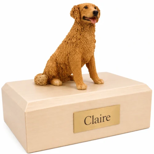 Memorial cremation urn with sitting Golden Retriever dog figurine, maple finish
