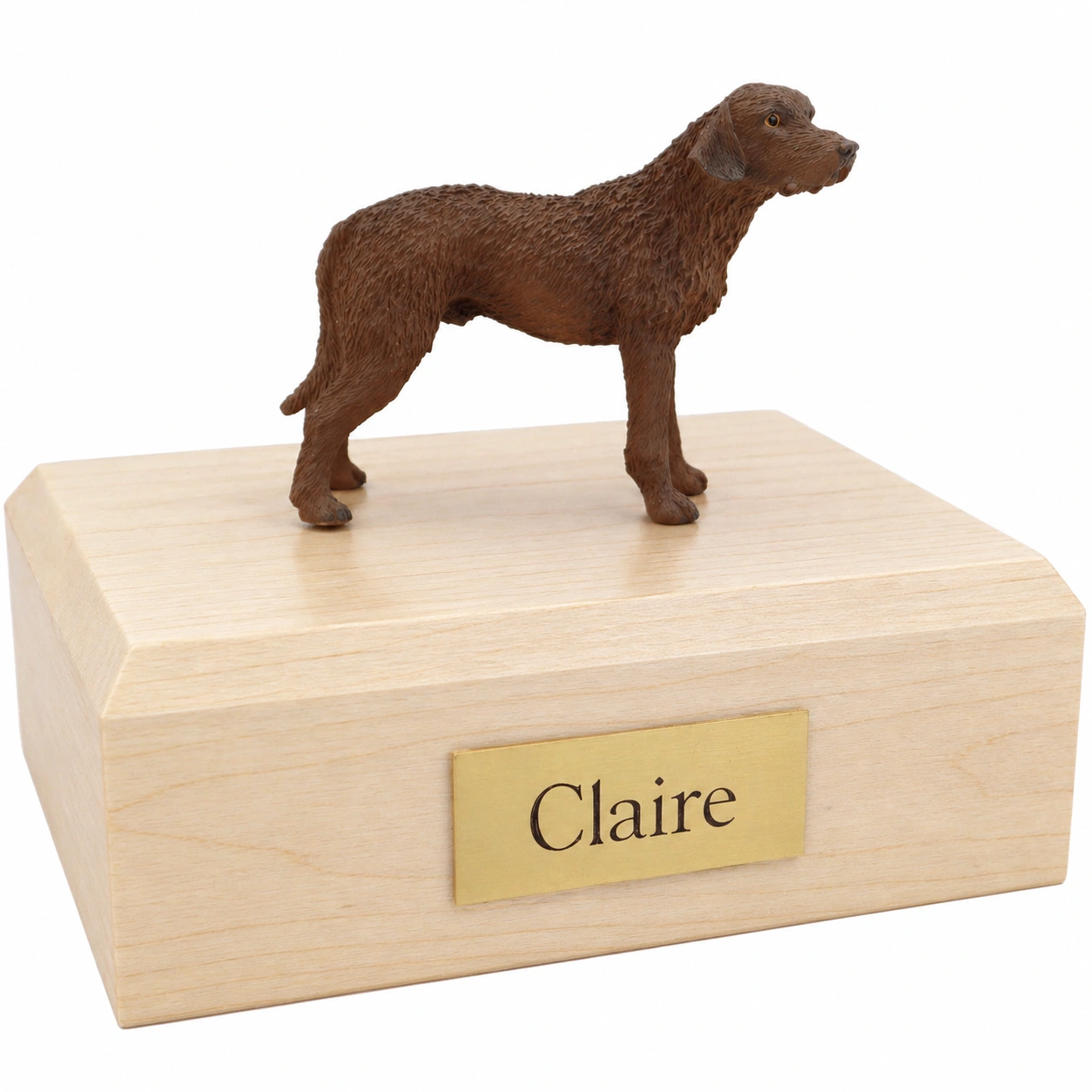 Memorial cremation urn with standing Chesapeake Bay Retriever dog figurine, maple finish