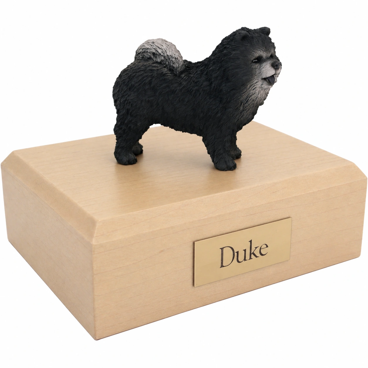 Memorial cremation urn with standing blue Chow Chow dog figurine, maple finish