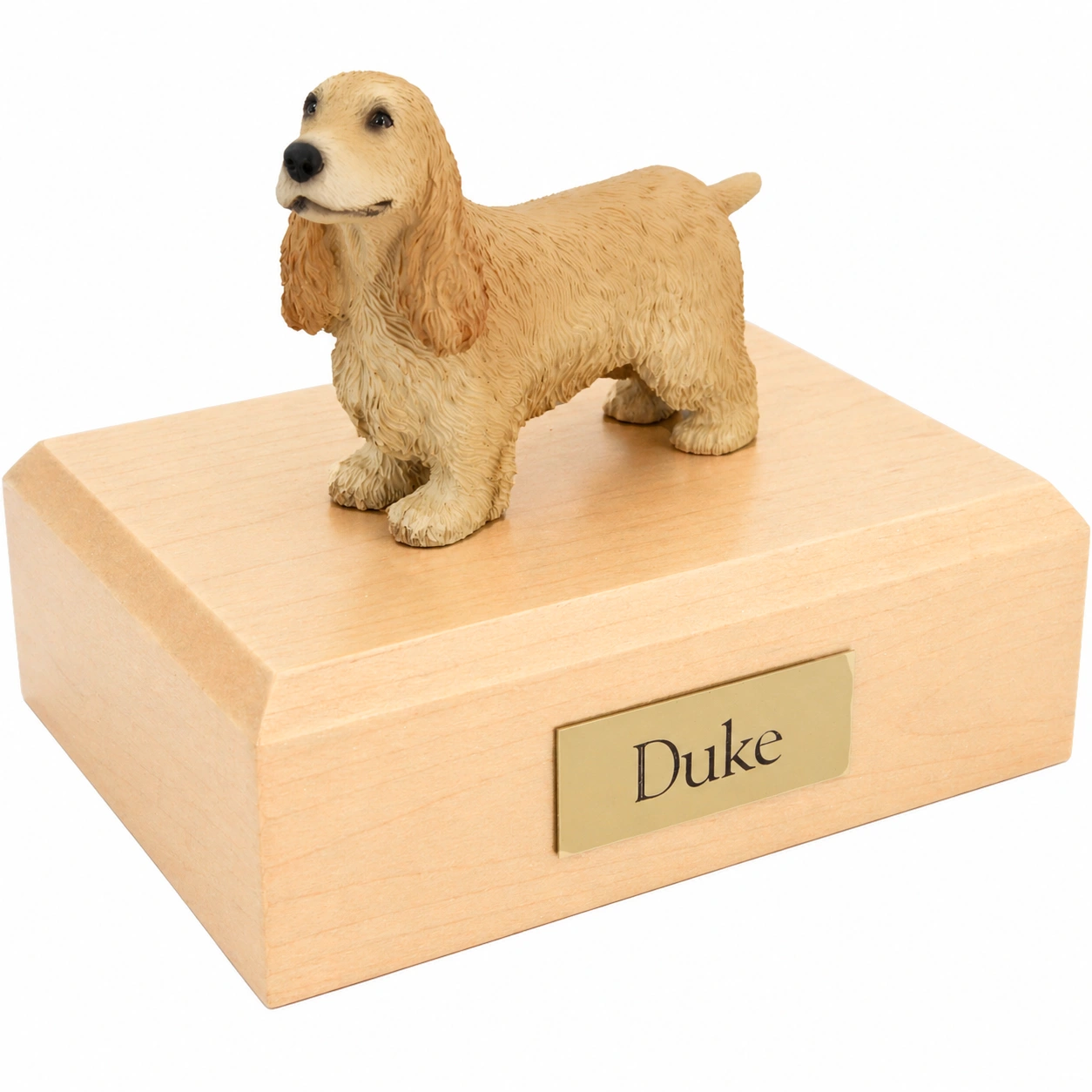 Memorial cremation urn with standing blonde English Cocker Spaniel dog figurine, maple finish