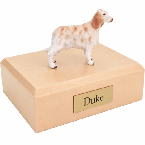Memorial cremation urn with standing orange Belton English Setter dog figurine, maple finish