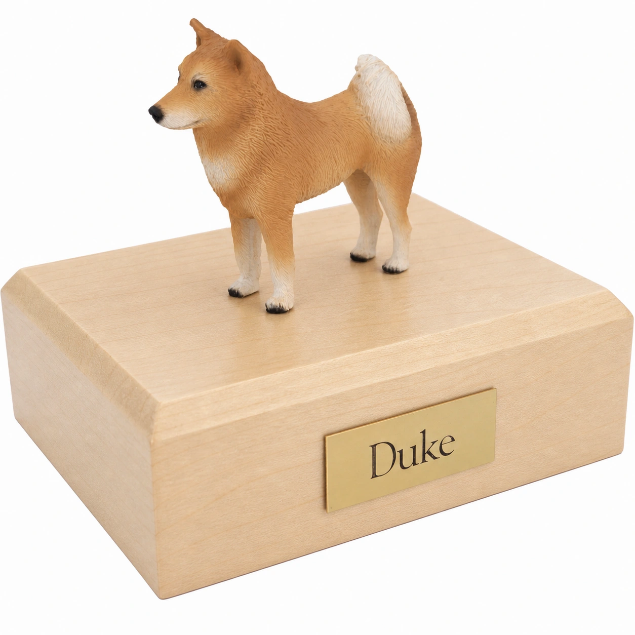 Memorial cremation urn with standing Finnish Spitz dog figurine, maple finish