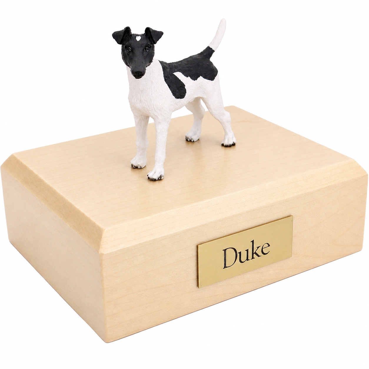 Memorial cremation urn with standing black and white smooth Fox Terrier dog figurine, maple finish