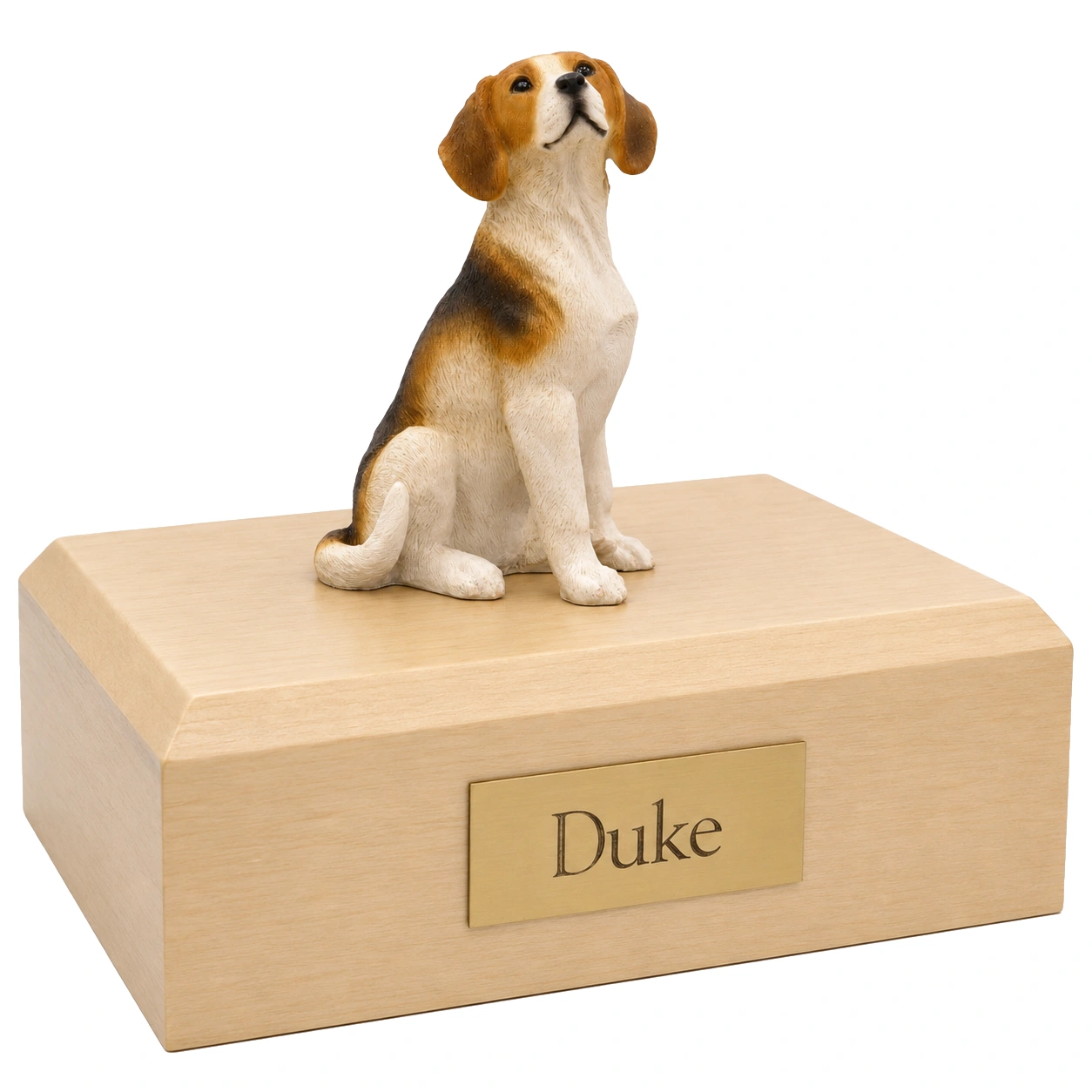 Memorial cremation urn with sitting Beagle dog figurine, maple finish
