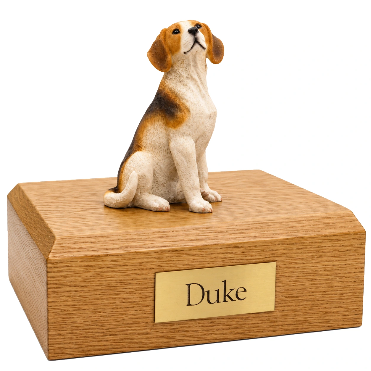 Memorial cremation urn with sitting Beagle dog figurine, oak finish