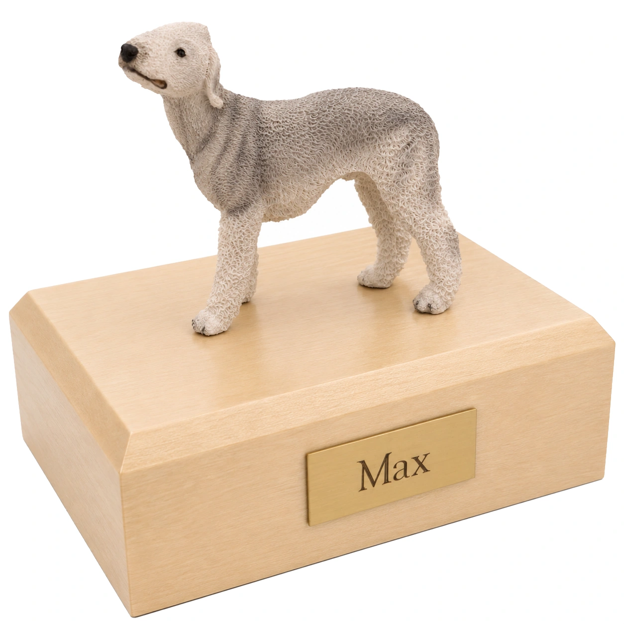 Memorial cremation urn with standing gray Bedlington Terrier dog figurine, maple finish