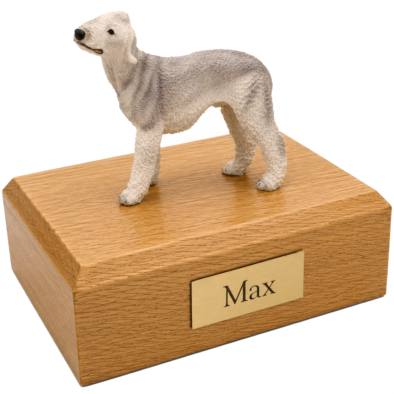 Memorial cremation urn with standing gray Bedlington Terrier dog figurine, oak finish