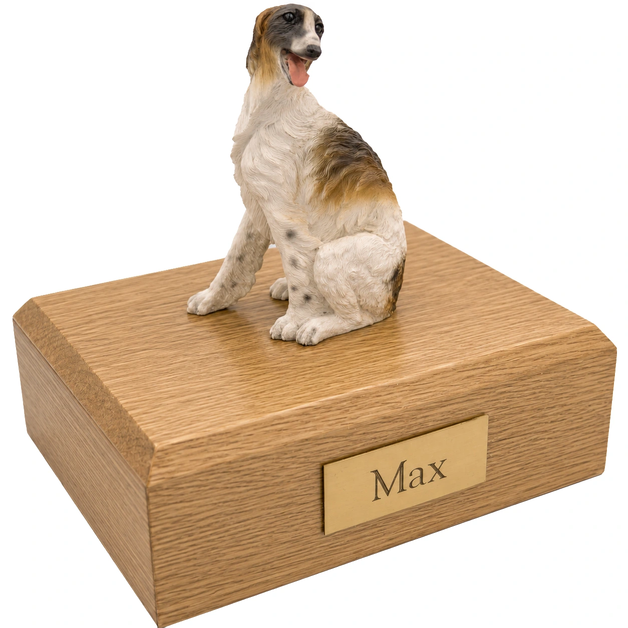 Memorial cremation urn with sitting Borzoi dog figurine, oak finish