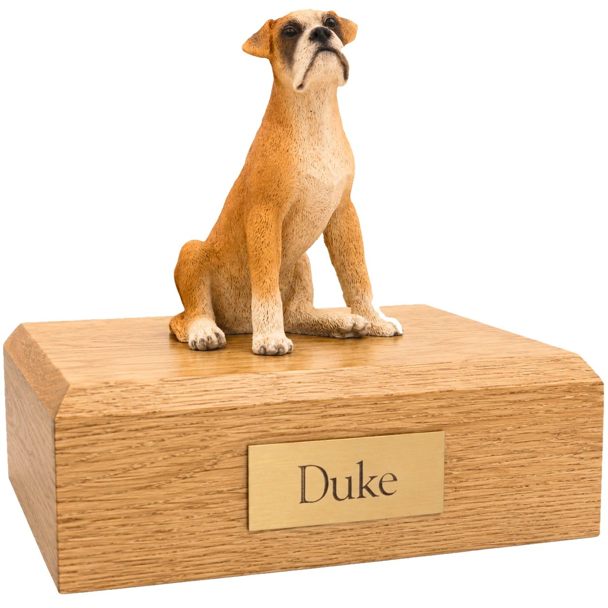 Memorial cremation urn with sitting ears down Boxer dog figurine, oak finish