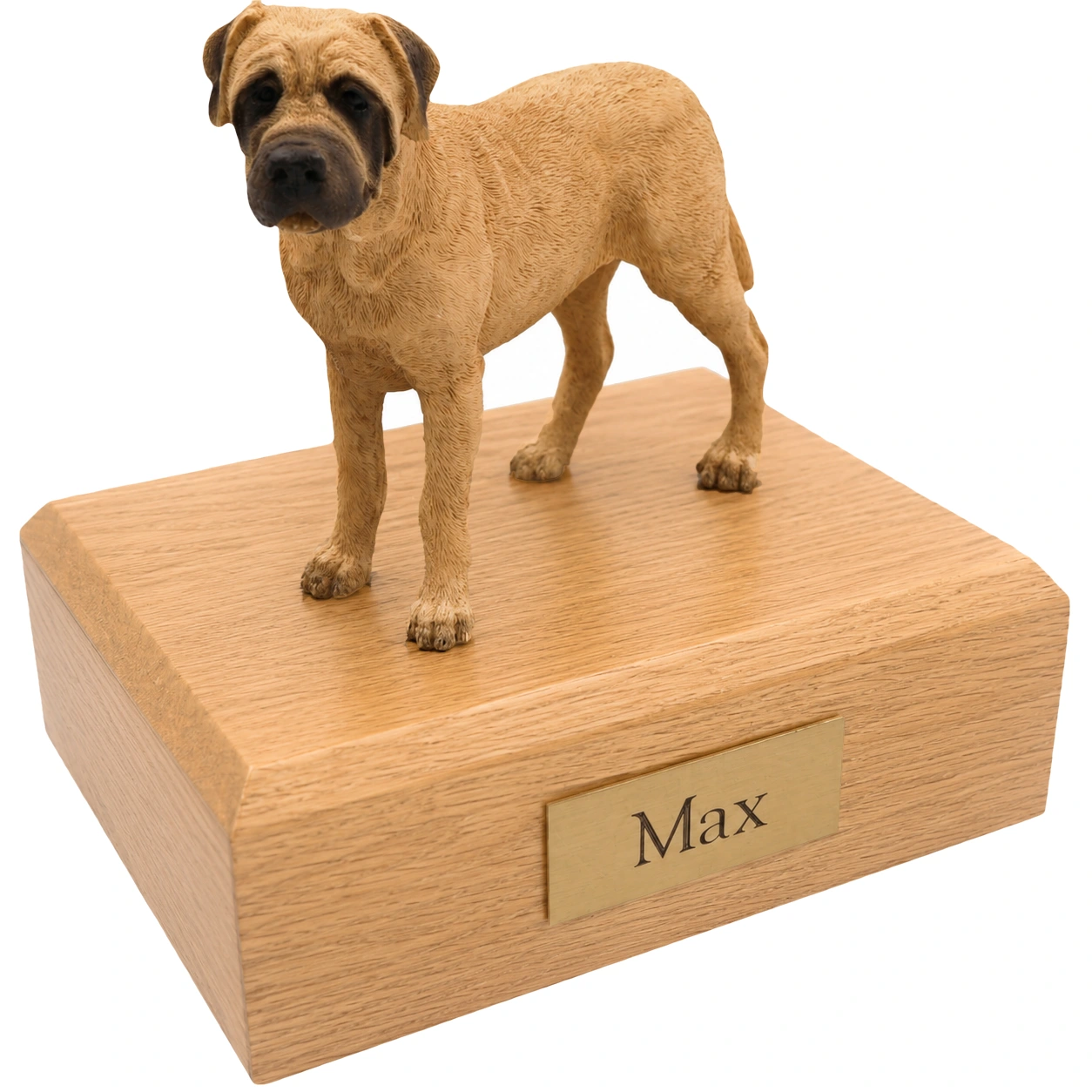 Memorial cremation urn with standing Bull Mastiff dog figurine, oak finish