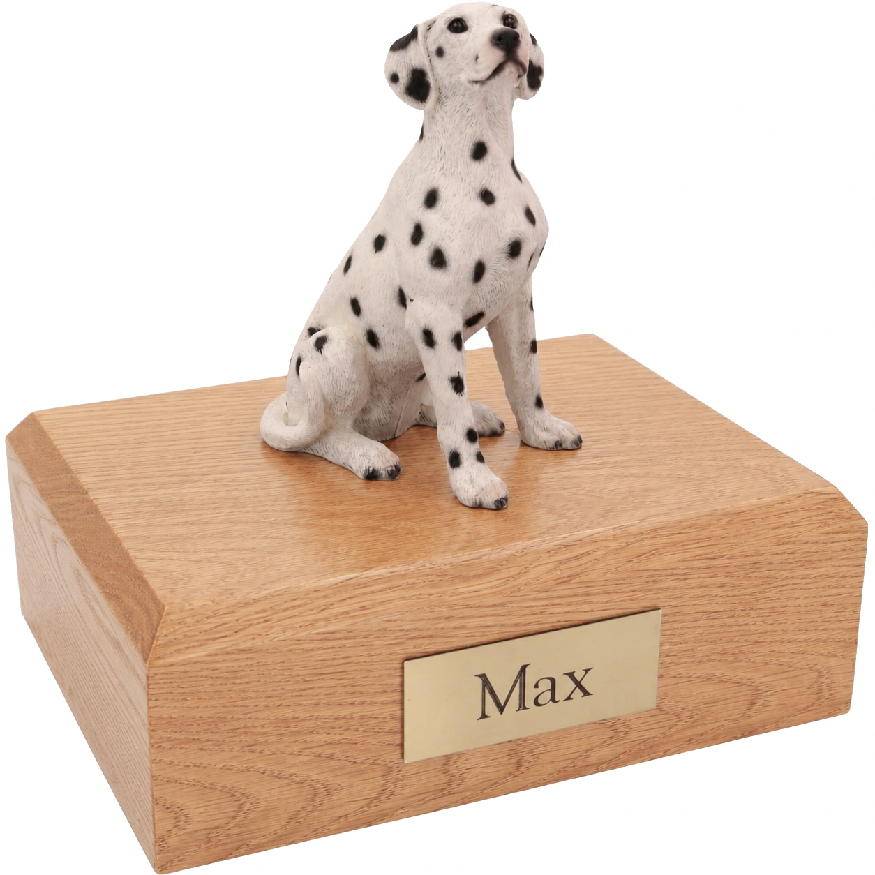 Memorial cremation urn with sitting Dalmatian dog figurine, oak finish