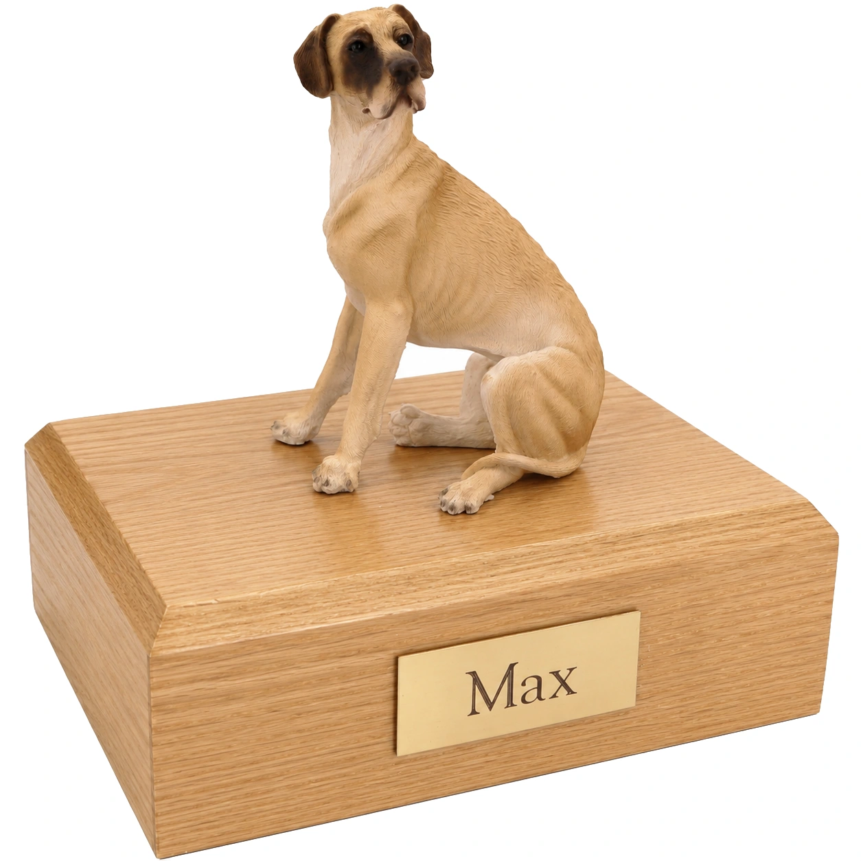 Memorial cremation urn with sitting ears down Great Dane dog figurine, oak finish