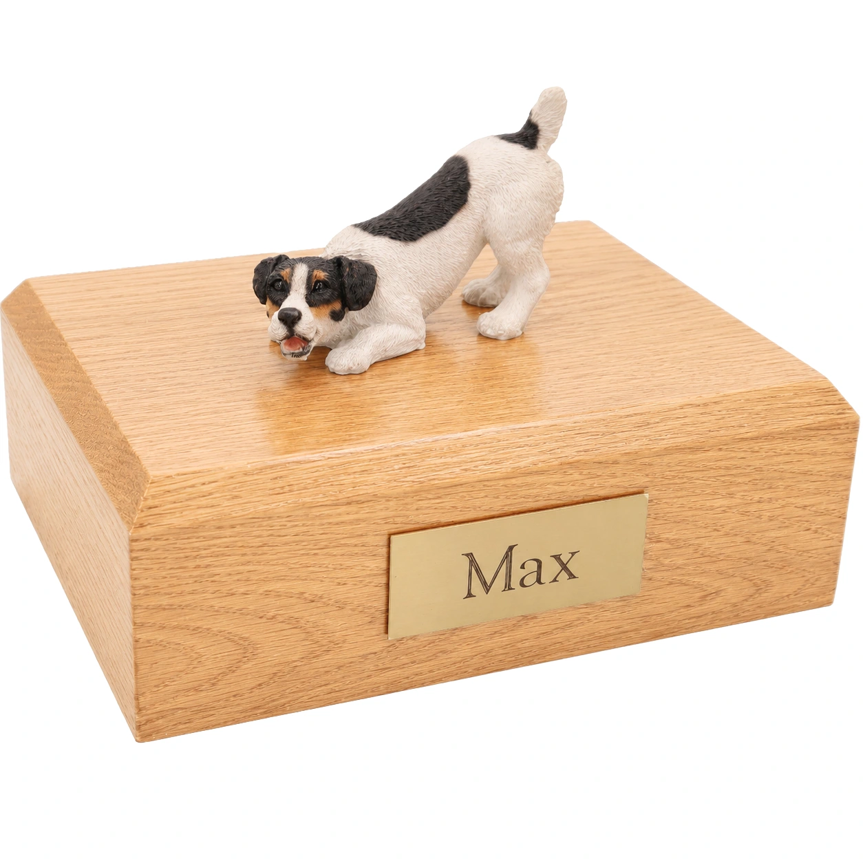 Memorial cremation urn with playful black and white Jack Russell Terrier dog figurine, oak finish