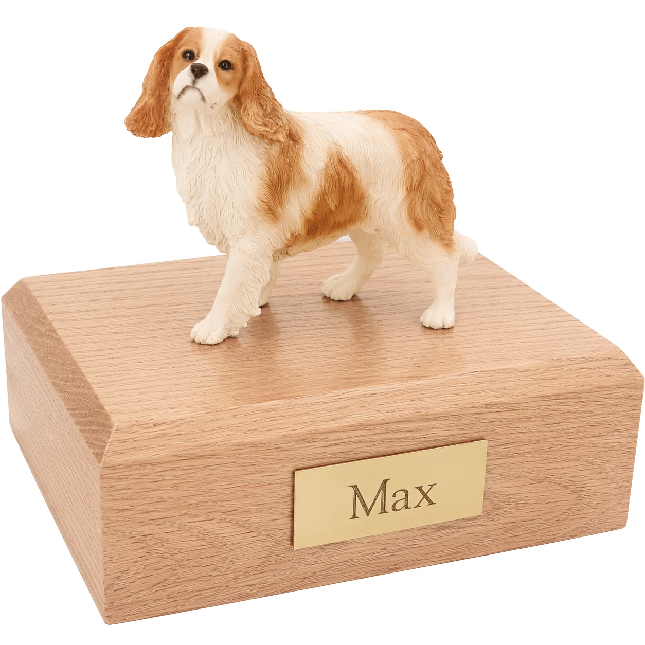 Memorial cremation urn with standing King Charles Spaniel dog figurine, oak finish