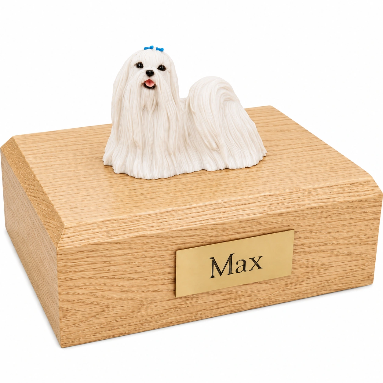 Memorial cremation urn with standing Maltese dog figurine, oak finish