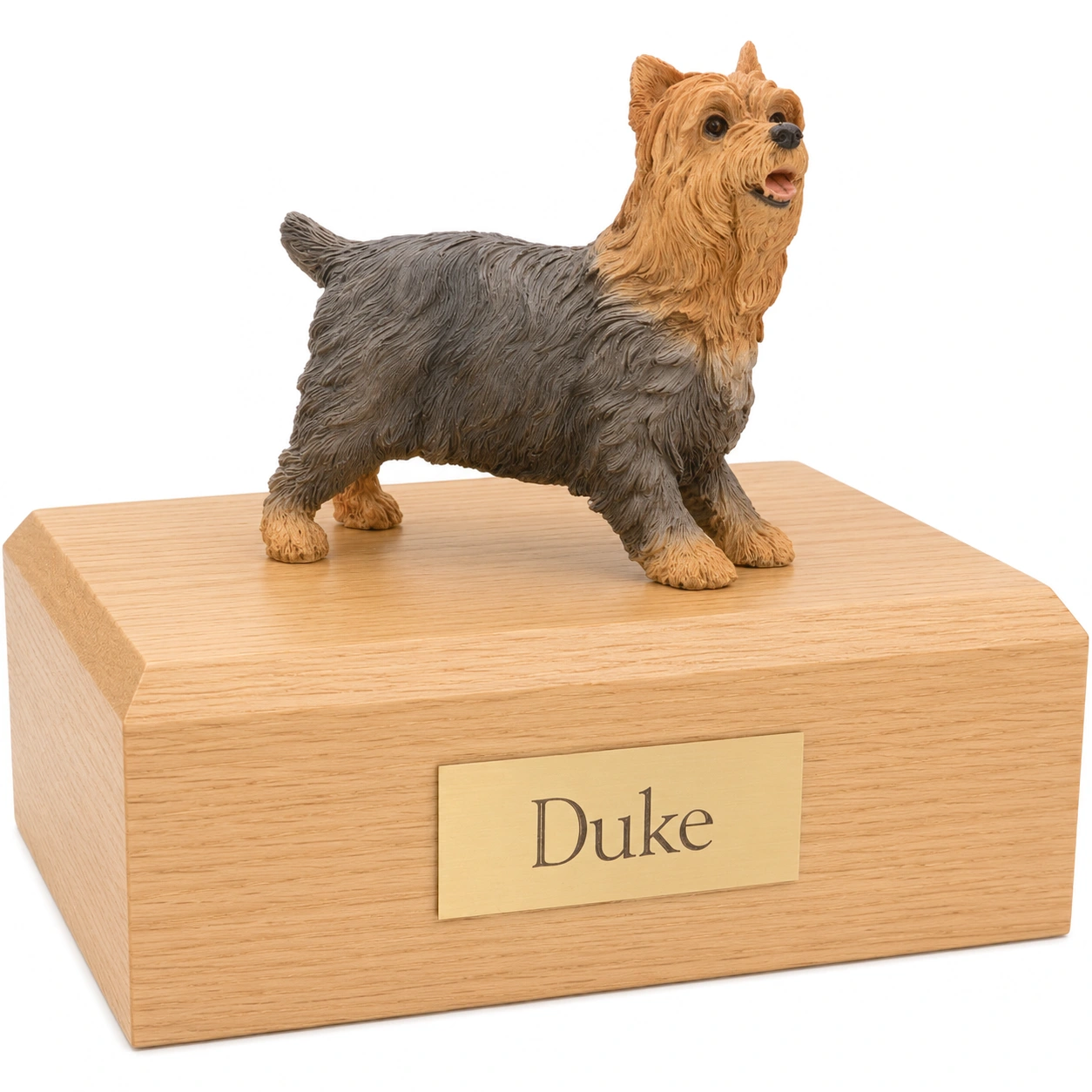 Memorial cremation urn with standing Yorkie Yorkshire Terrier dog figurine, oak finish