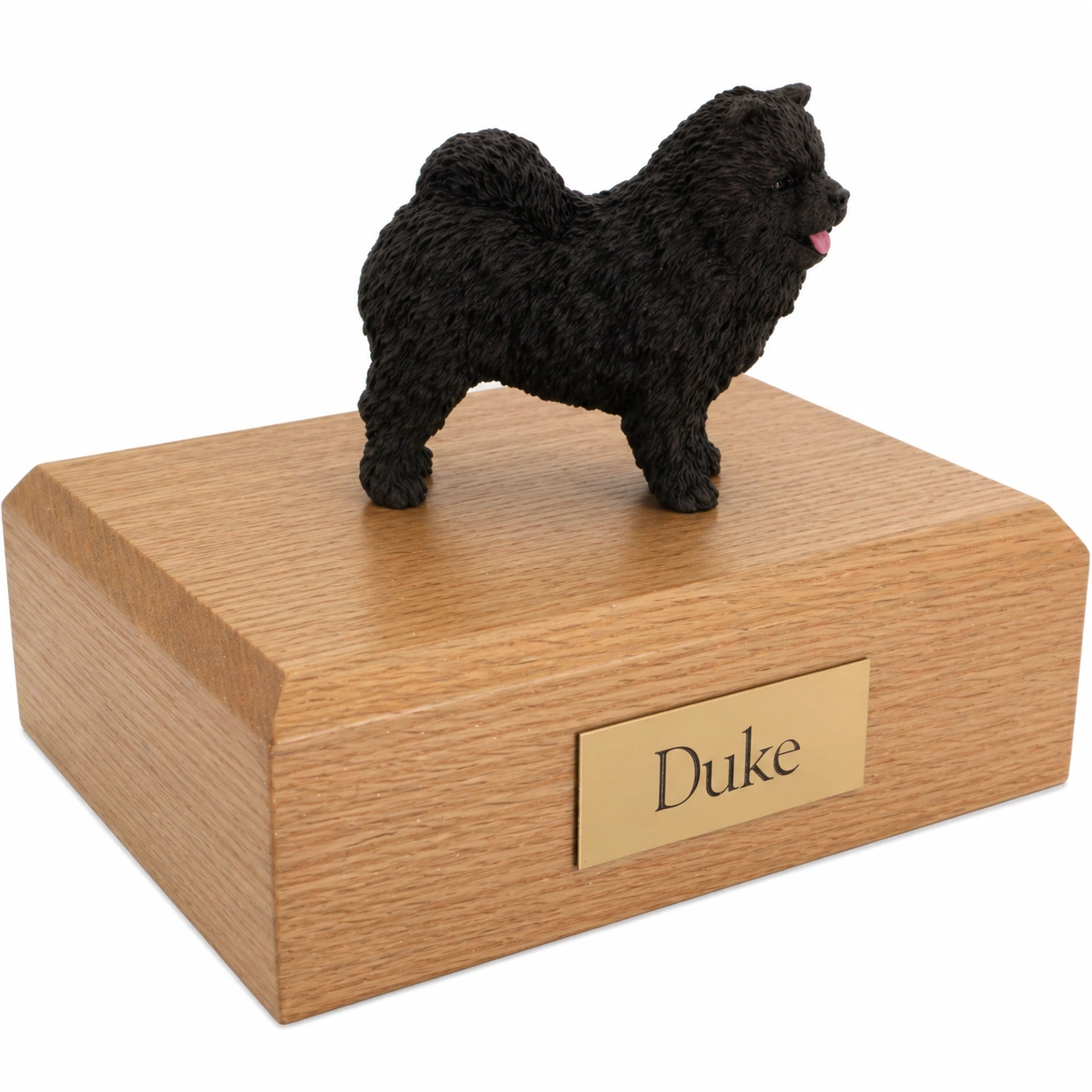 Memorial cremation urn with standing black Chow Chow dog figurine, oak finish