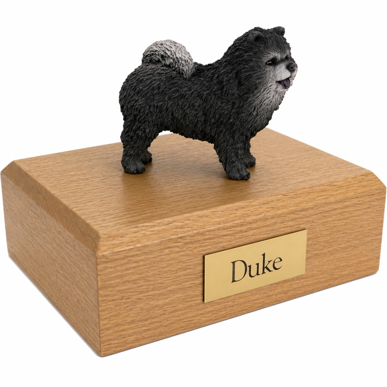 Memorial cremation urn with standing Blue Chow Chow dog figurine, oak finish