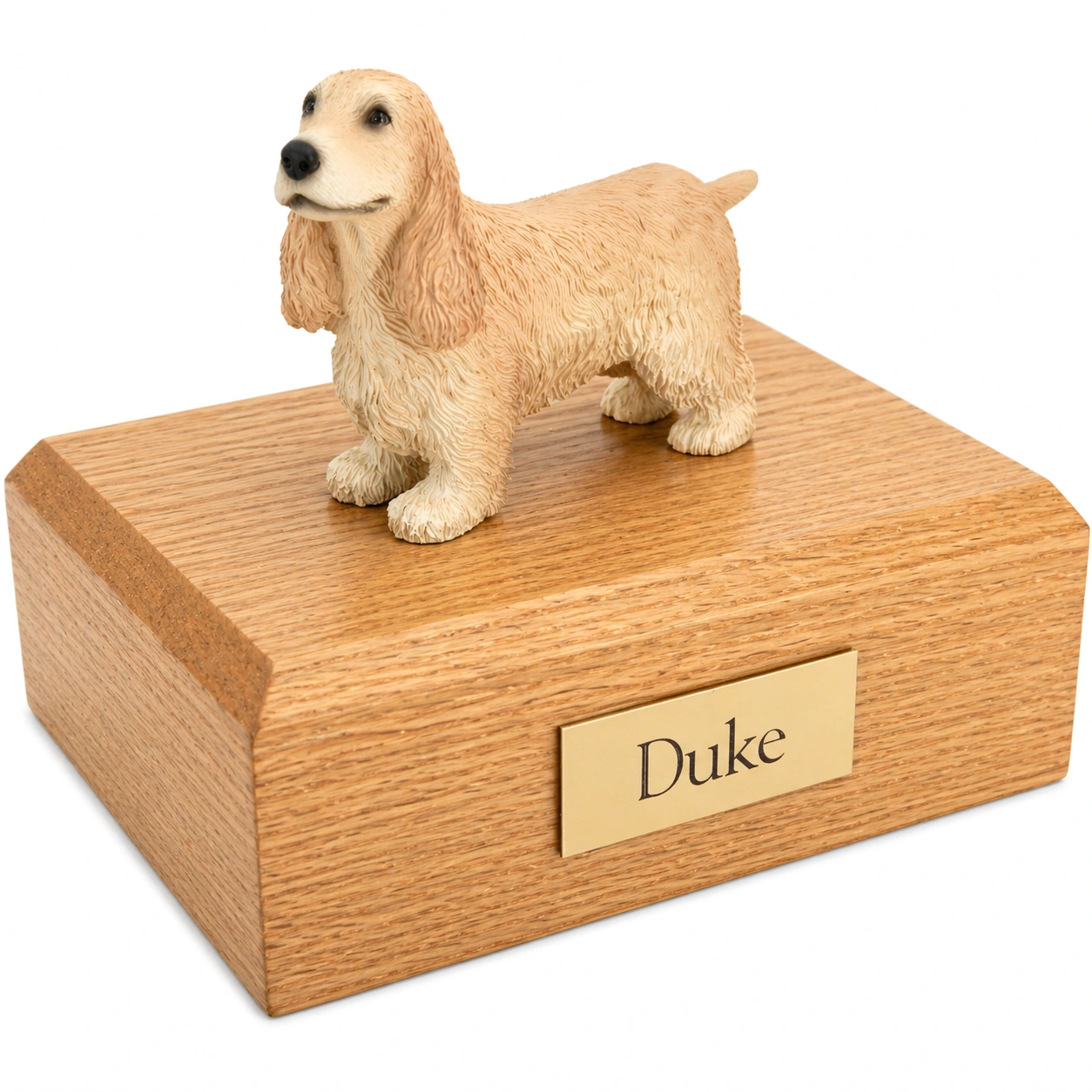 Memorial cremation urn with standing blonde English Cocker Spaniel dog figurine, oak finish