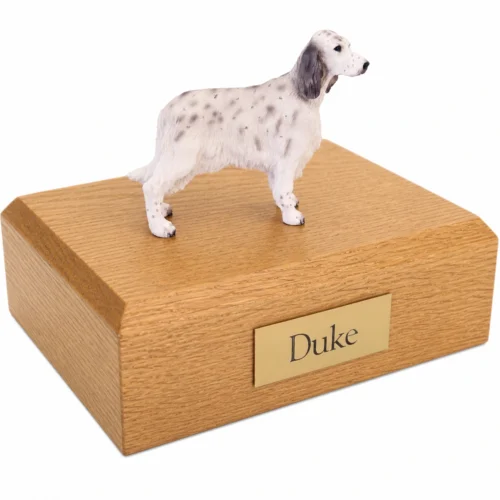 Memorial cremation urn with standing Blue Belton English Setter dog figurine, oak finish