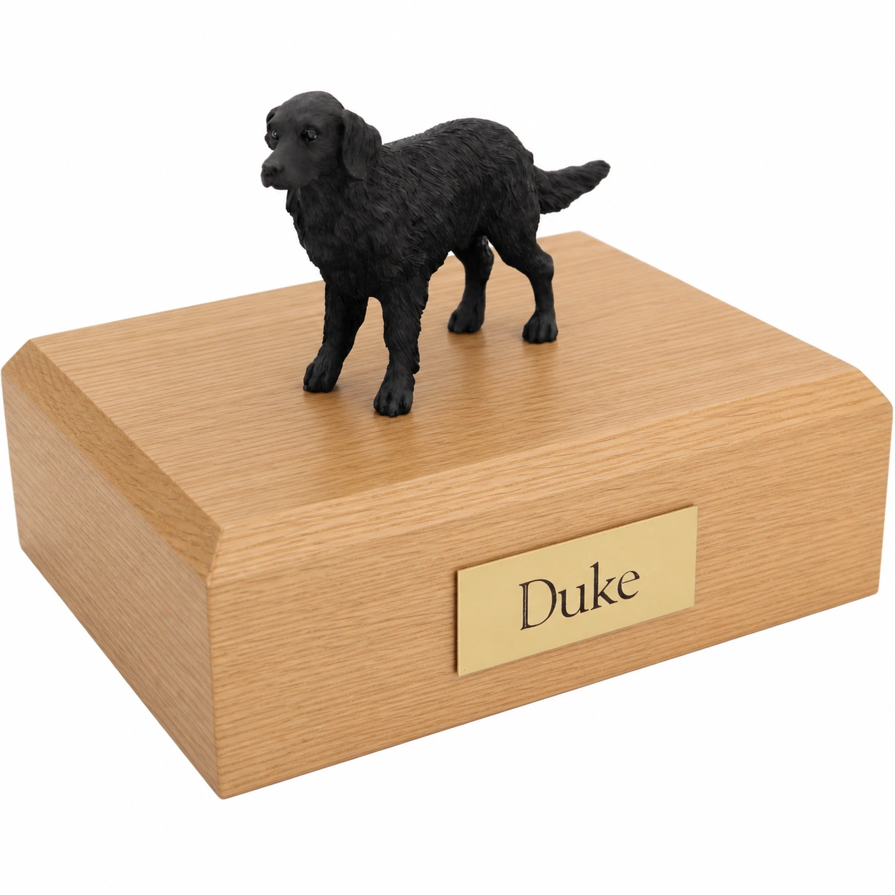 Memorial cremation urn with standing Flat Coated Retriever dog figurine, oak finish
