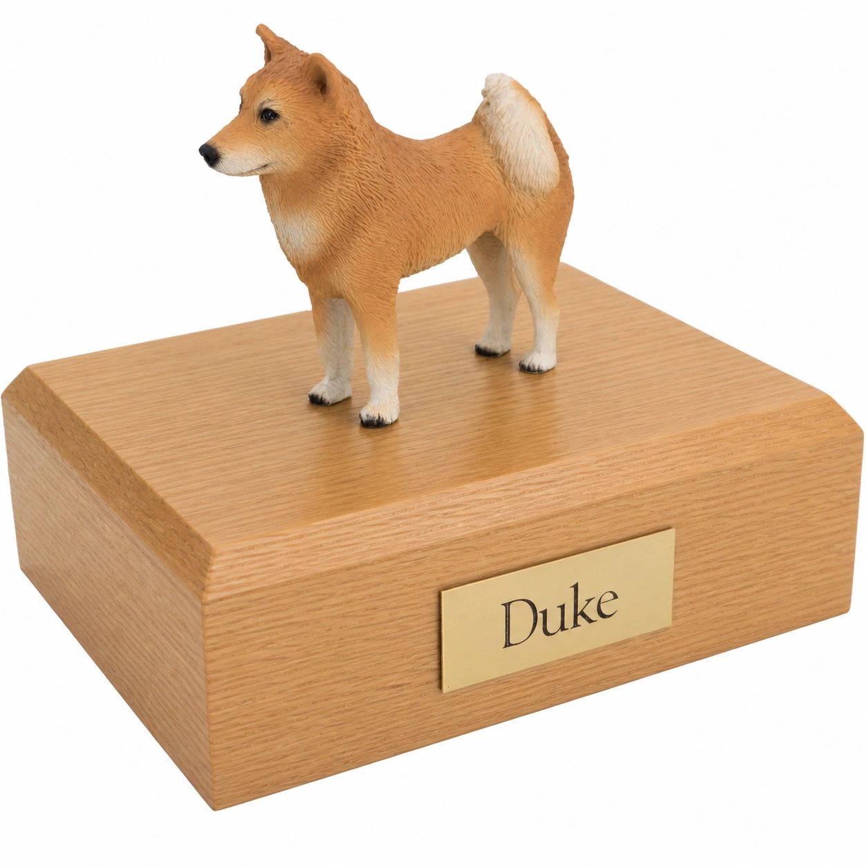 Memorial cremation urn with standing Finnish Spitz dog figurine, oak finish