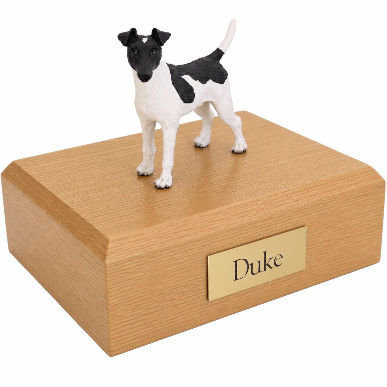 Memorial cremation urn with standing smooth black and white Fox Terrier dog figurine, oak finish