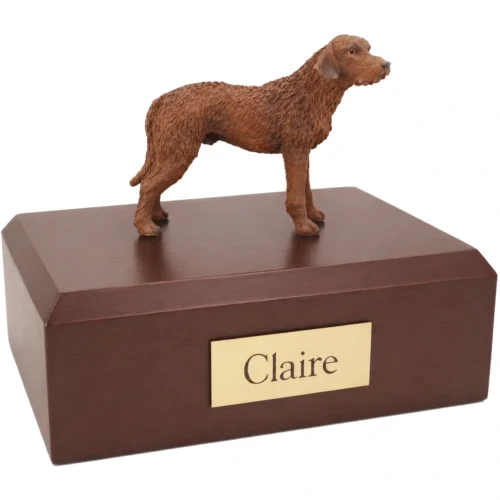 Memorial cremation urn with standing Chesapeake Bay Retriever dog figurine, walnut finish