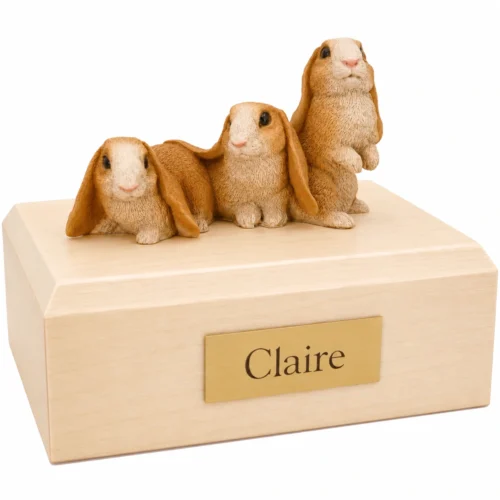 Memorial cremation urn with 3 brown rabbits figurine, maple finish