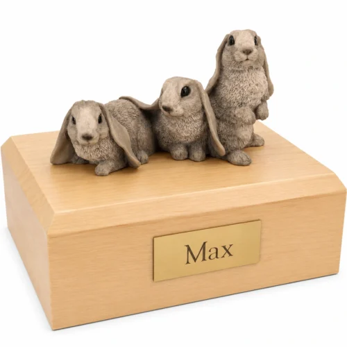 Memorial cremation urn with 3 gray rabbits figurine, maple finish