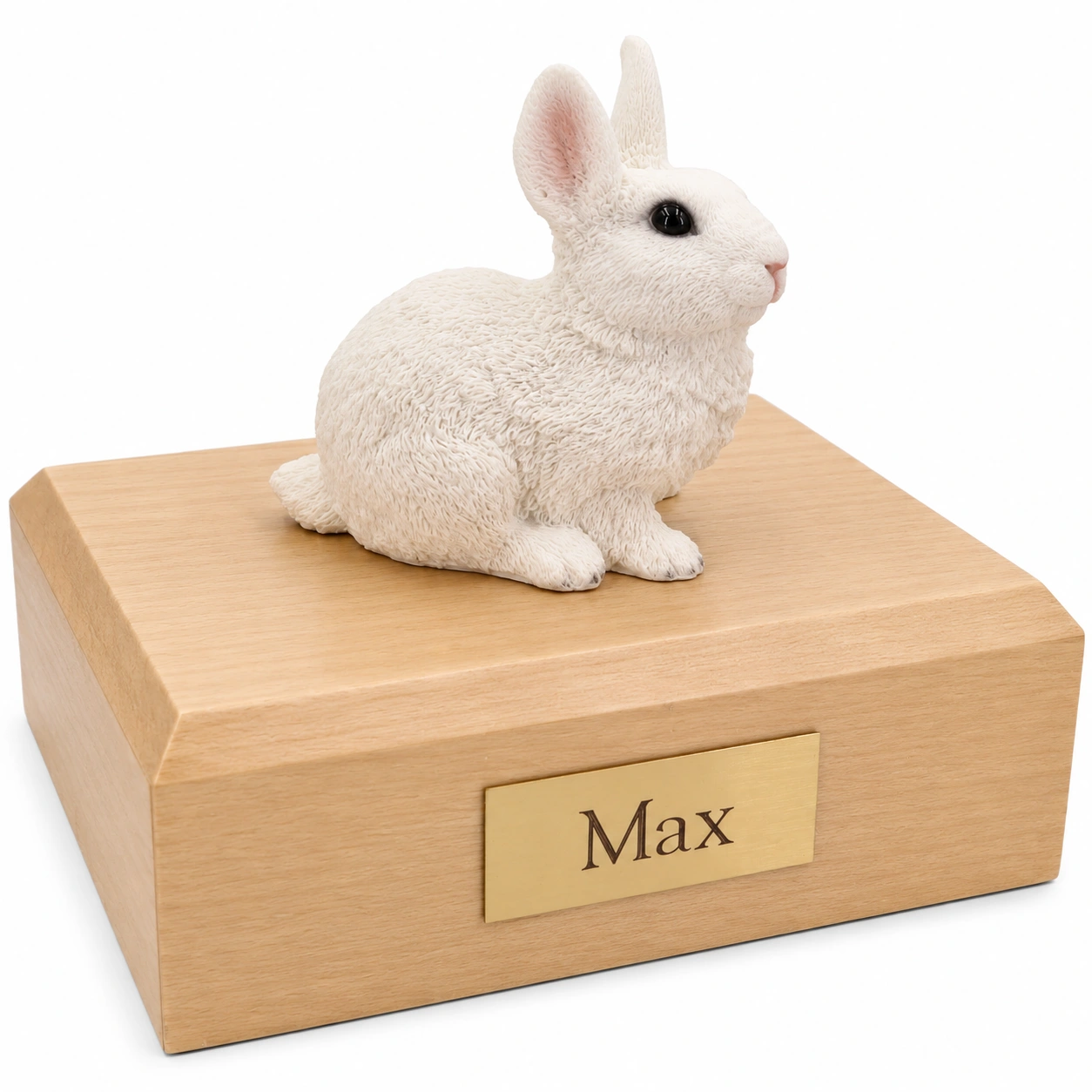 Memorial cremation urn with white rabbit figurine, maple finish
