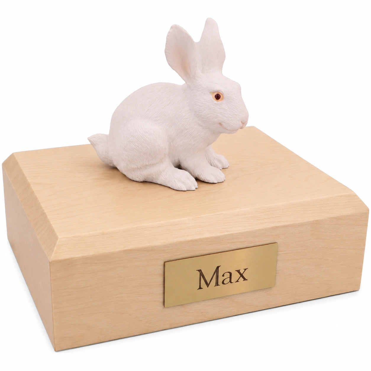 Memorial cremation urn with white rabbit figurine, maple finish