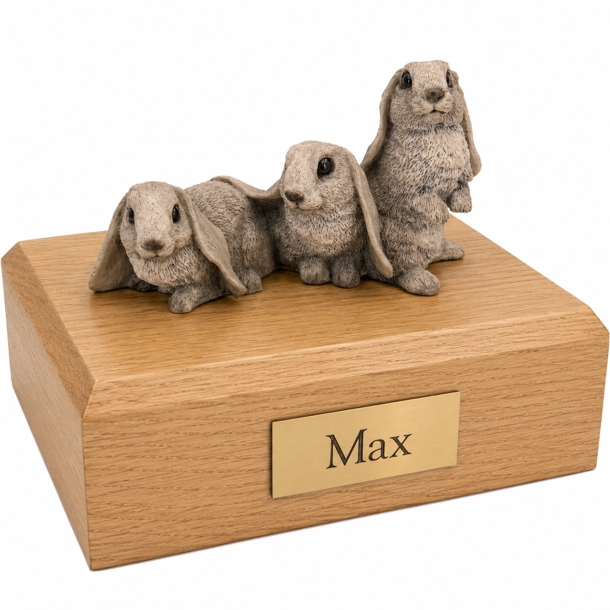 Memorial cremation urn with 3 gray rabbits figurine, oak finish