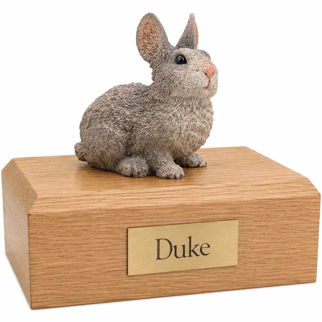 Memorial cremation urn with gray rabbit figurine, oak finish