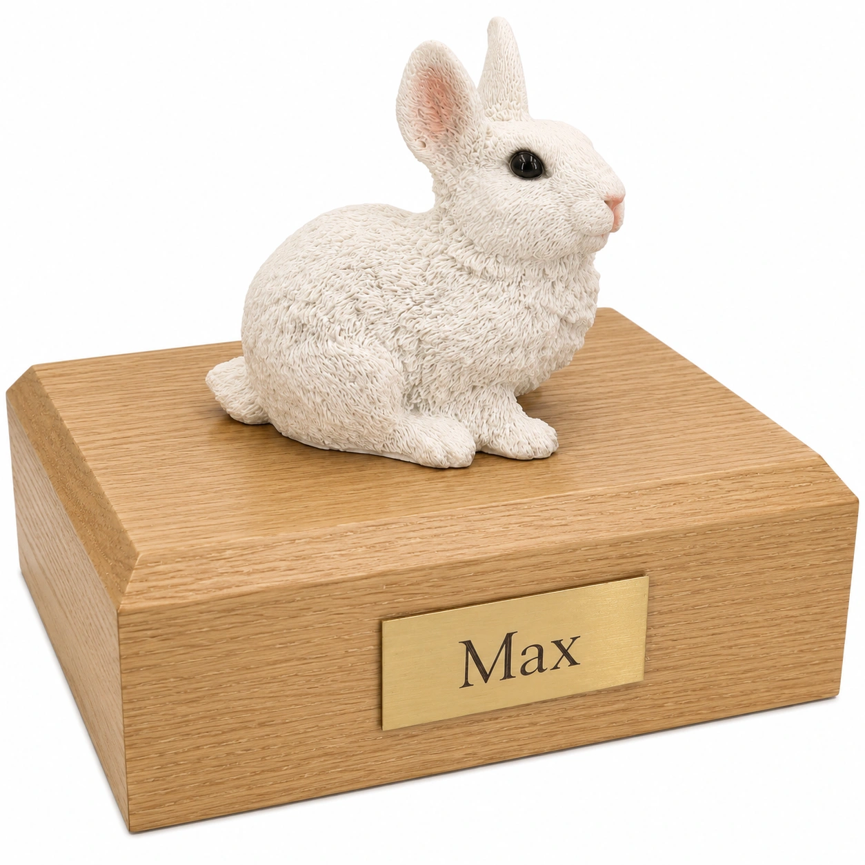 Memorial cremation urn with white rabbit figurine, oak finish