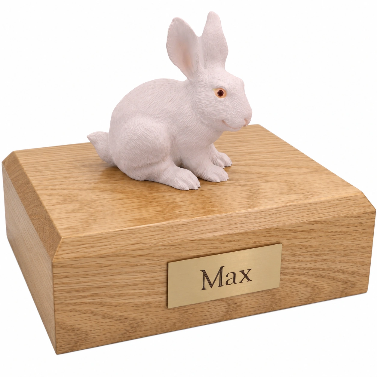 Memorial cremation urn with white rabbit figurine, oak finish