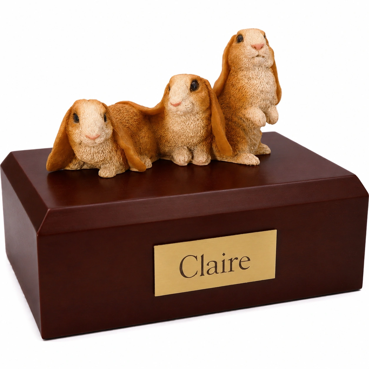 Memorial cremation urn with 3 brown rabbits figurine, walnut finish