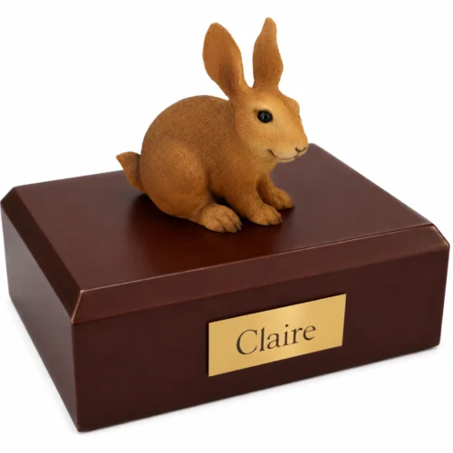 Memorial cremation urn with brown rabbit figurine, walnut finish
