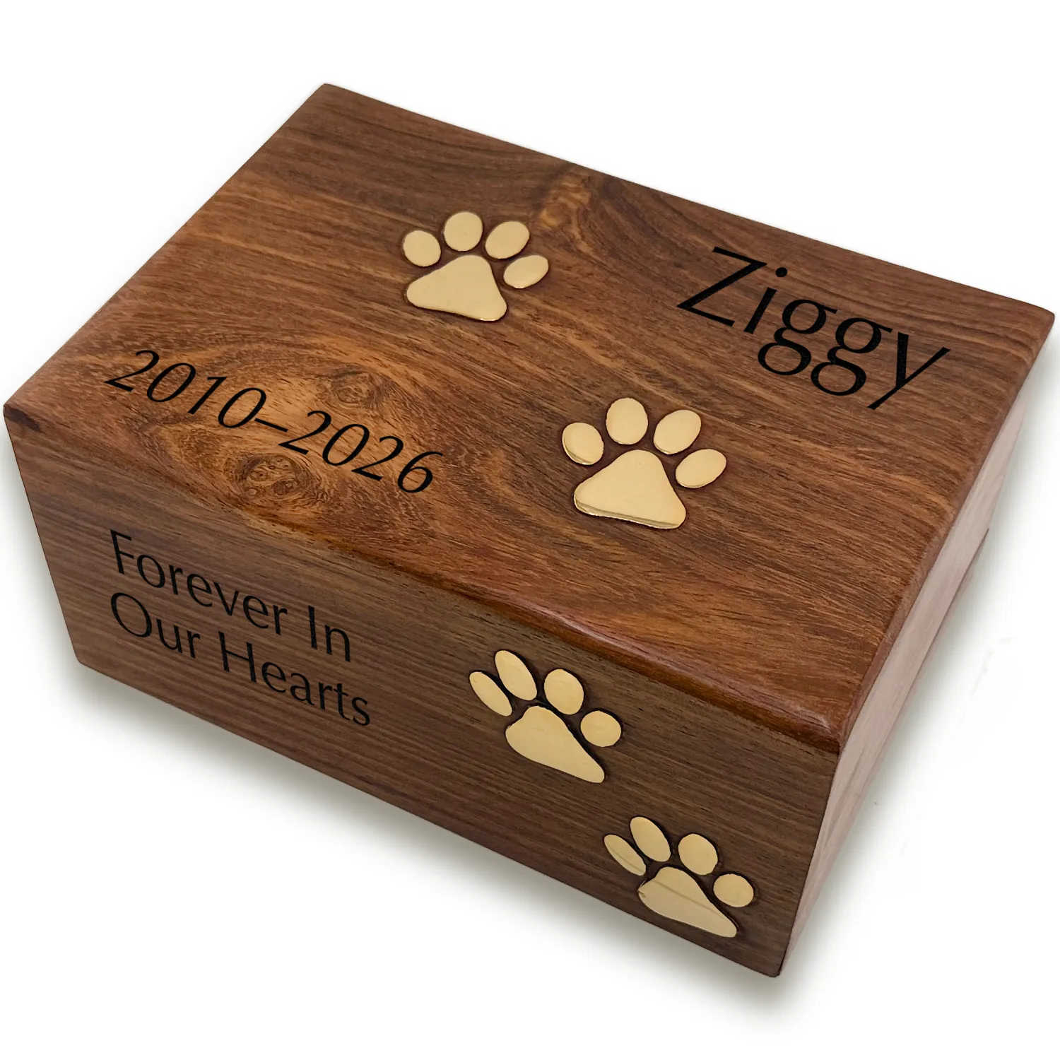 Rosewood pet cremation urn with 4 brass paw prints, BBSWH-170, block engraving, black fill