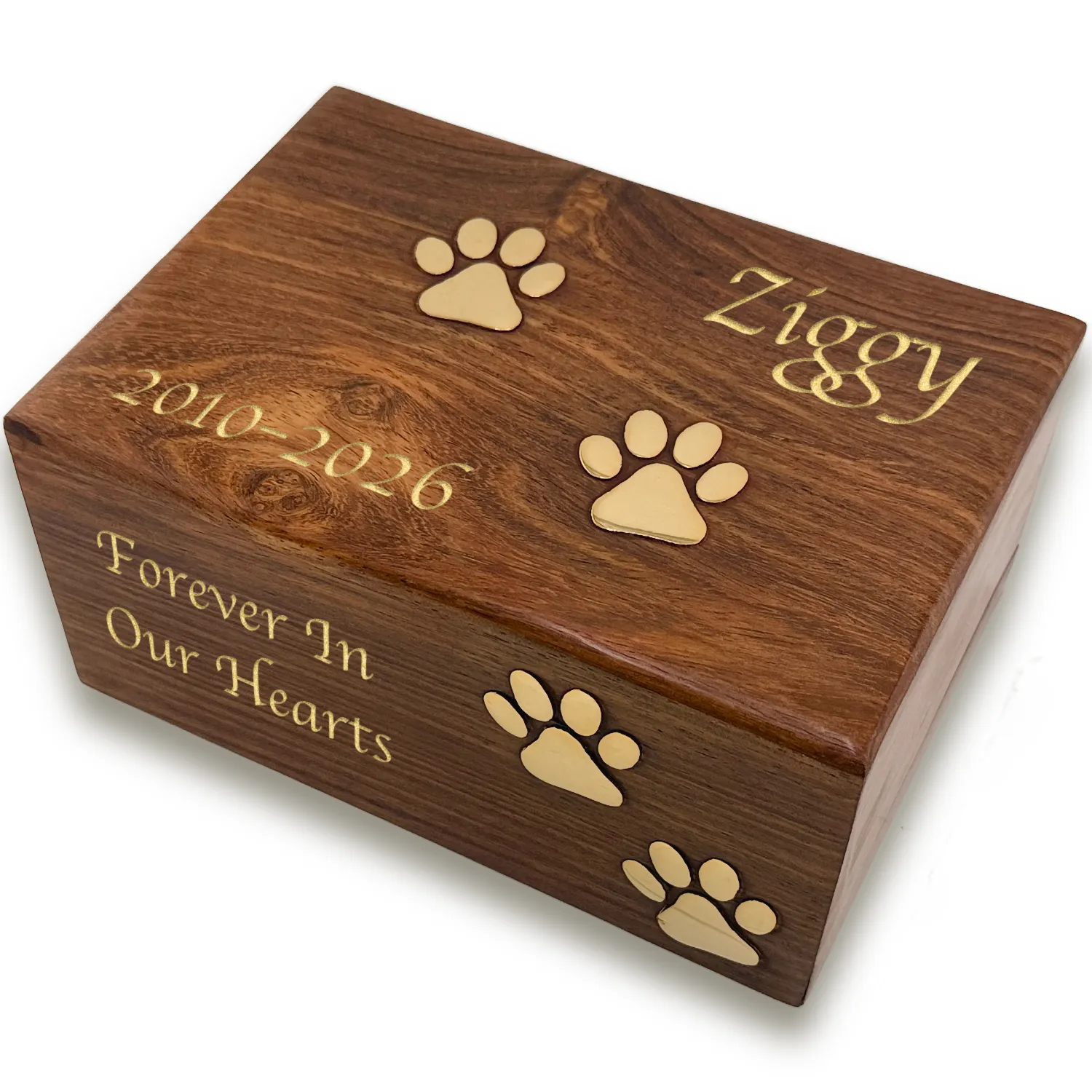 Rosewood pet cremation urn with 4 brass paw prints, BBSWH-170, script 2 engraving, gold fill