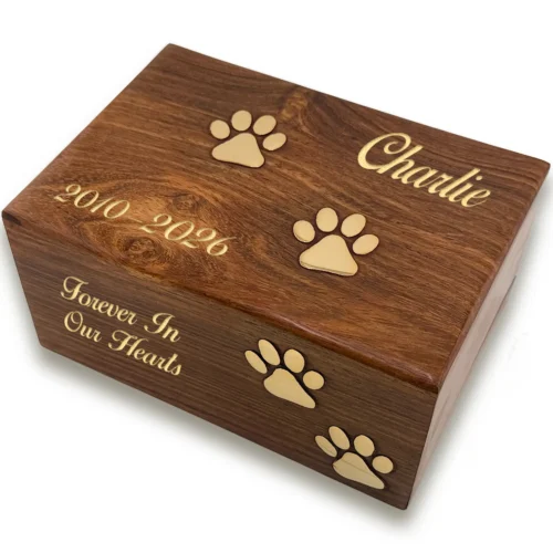 Rosewood pet cremation urn with 4 brass paw prints, BBSWH-170, script engraving, gold fill