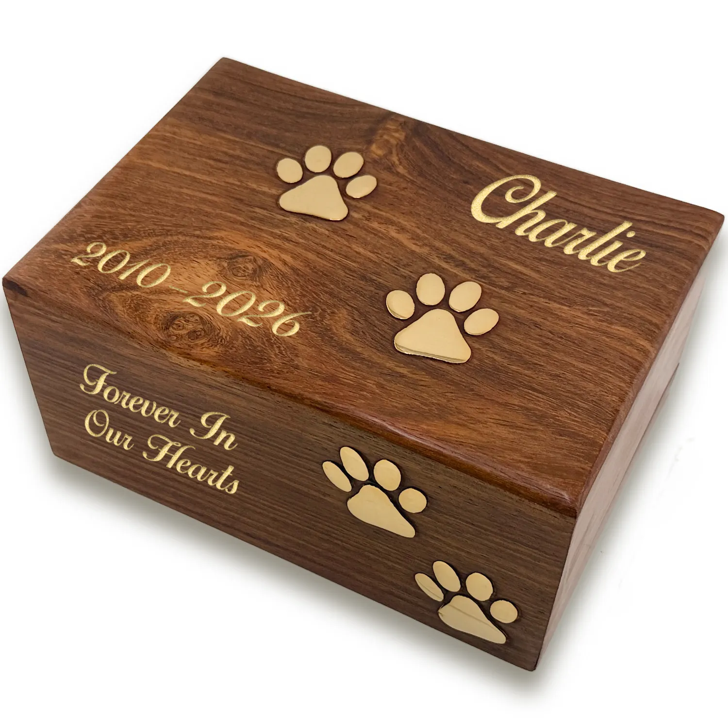 Rosewood pet cremation urn with 4 brass paw prints, BBSWH-170, script engraving, gold fill