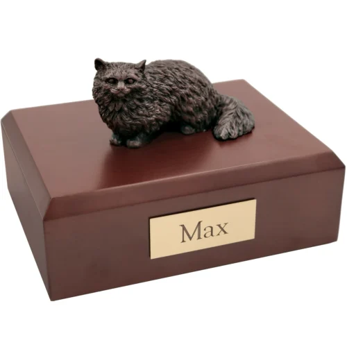 Bronze look Angora cat figurine walnut wood memorial cremation urn