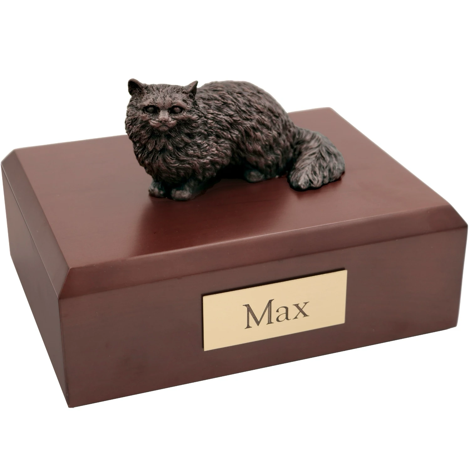 Bronze look Angora cat figurine walnut wood memorial cremation urn