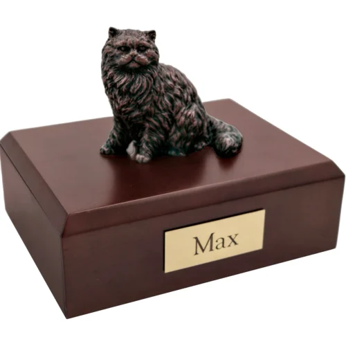 Bronze look Persian cat figurine walnut wood memorial cremation urn