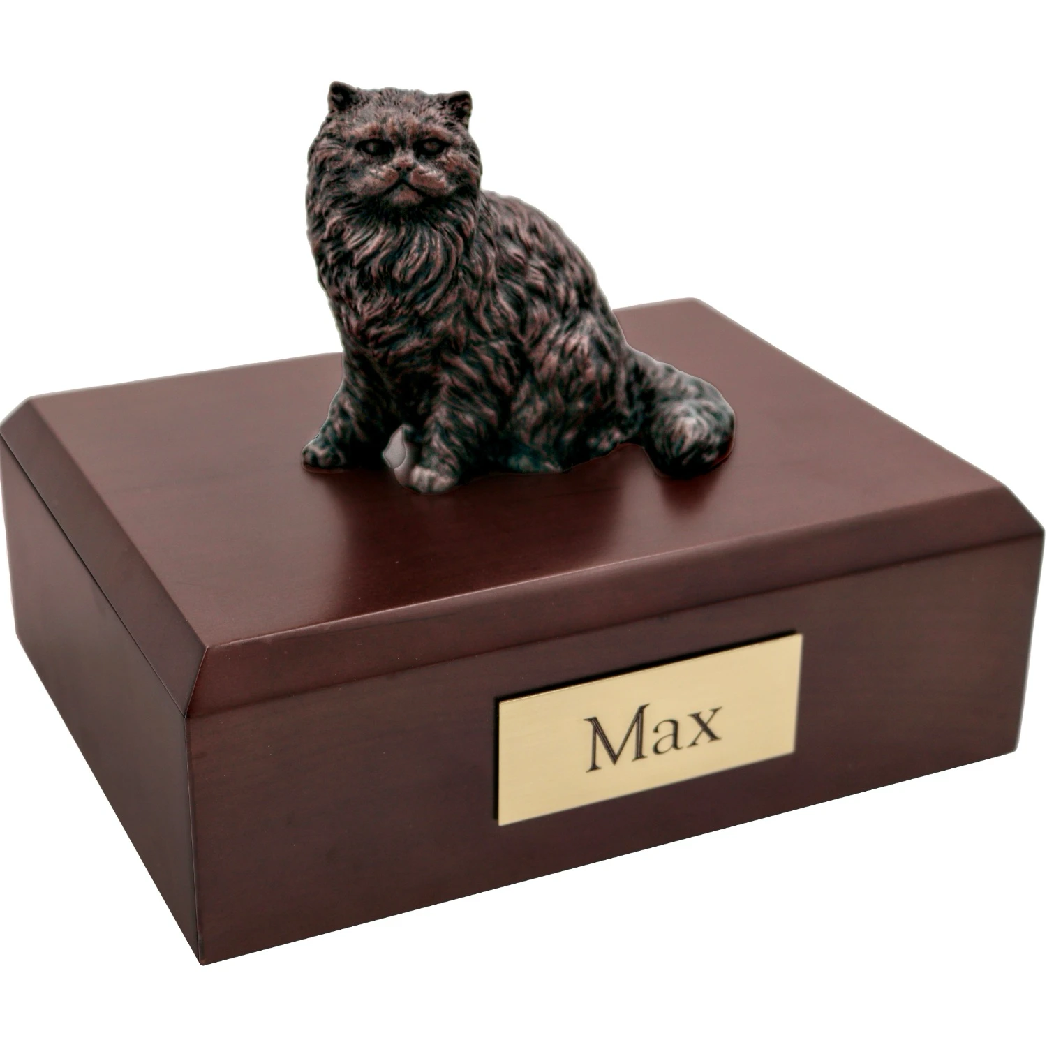 Bronze look Persian cat figurine walnut wood memorial cremation urn
