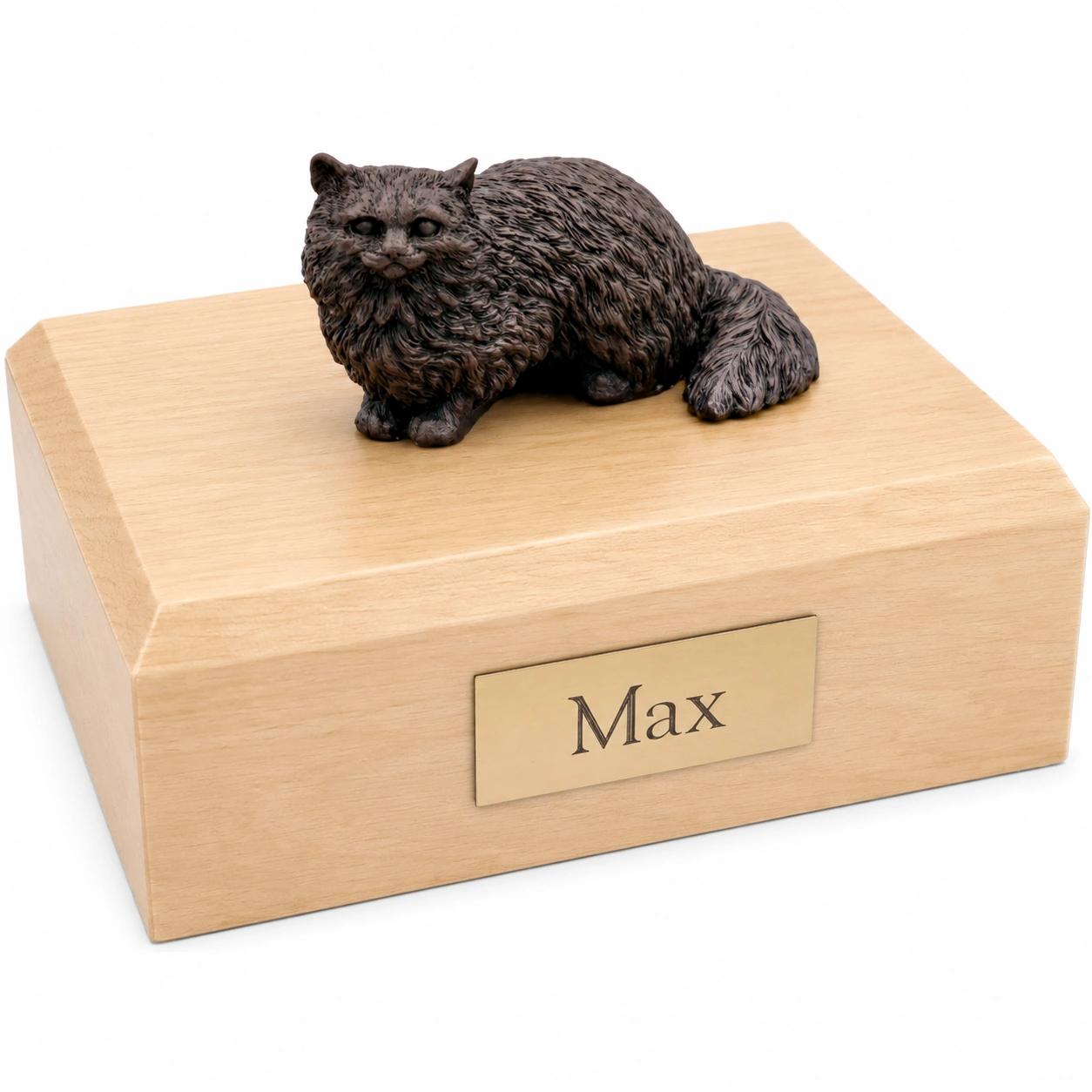 Bronze look Angora cat figurine maple wood memorial cremation urn