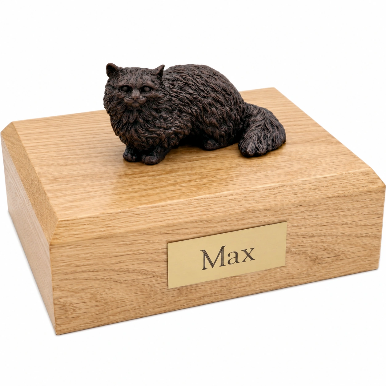 Bronze look Angora cat figurine oak wood memorial cremation urn