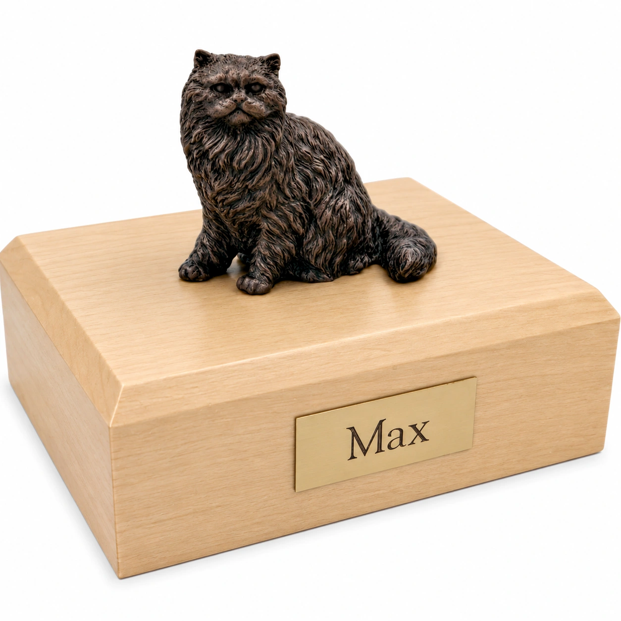 Bronze look Persian cat figurine maple wood memorial cremation urn