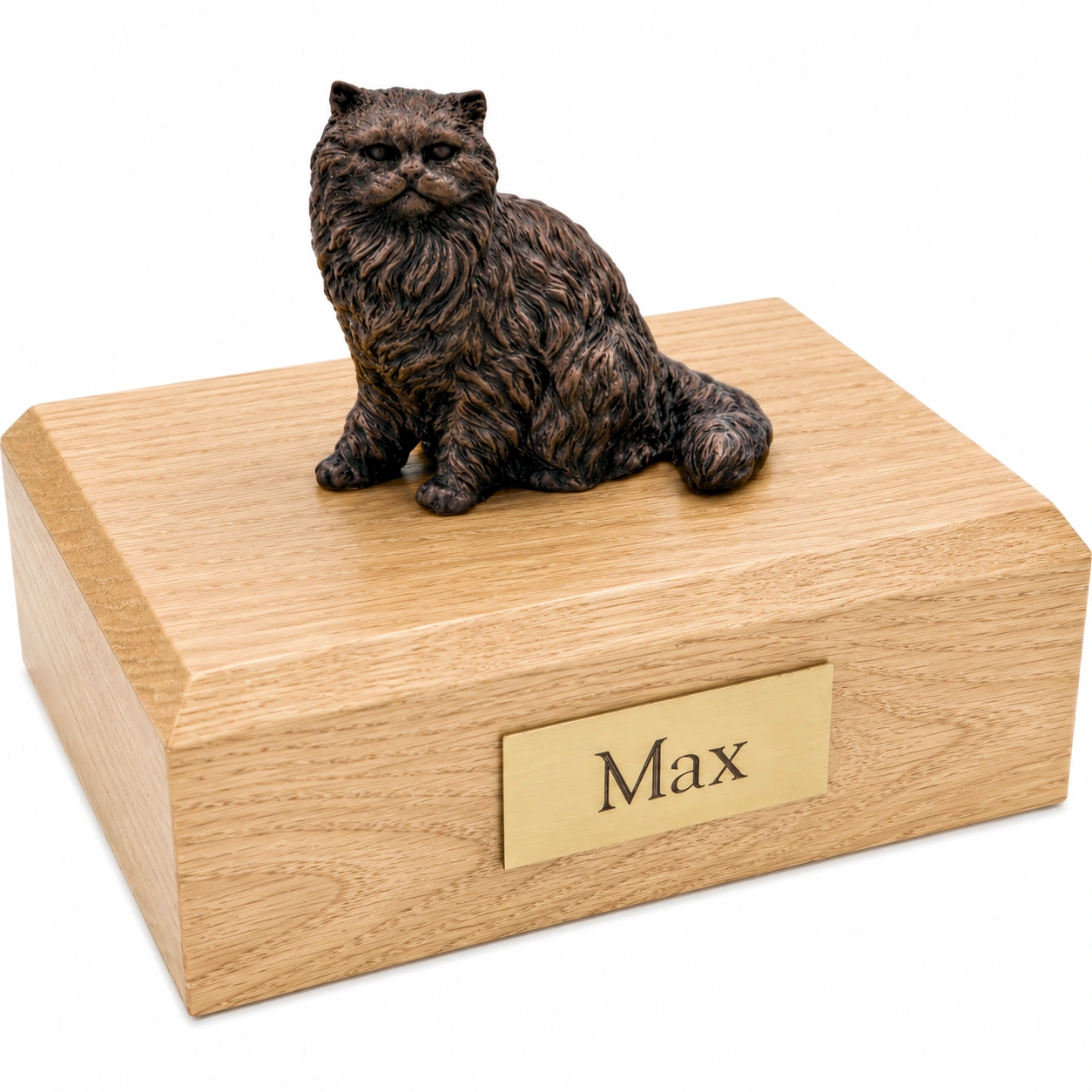 Bronze look Persian cat figurine oak wood memorial cremation urn